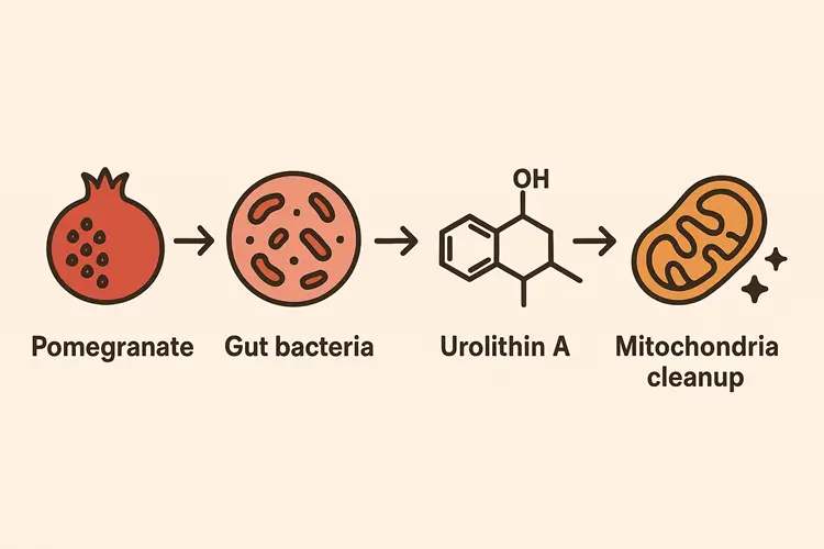 Infographic showing pomegranate to gut bacteria to Urolithin A to mitochondrial cleanup process.