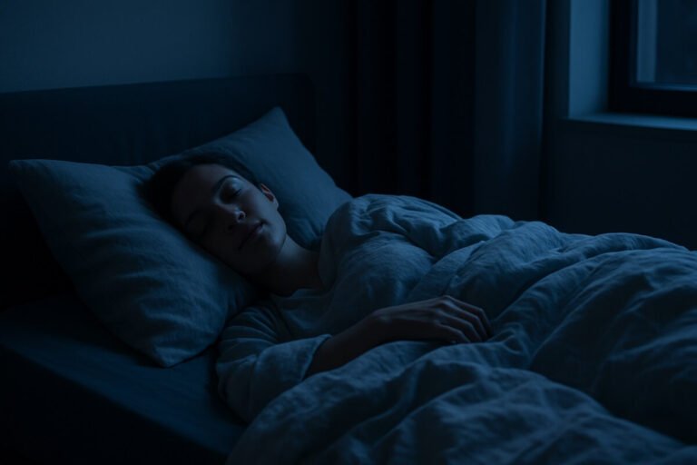 A person sleeping peacefully relaxed in a bed.