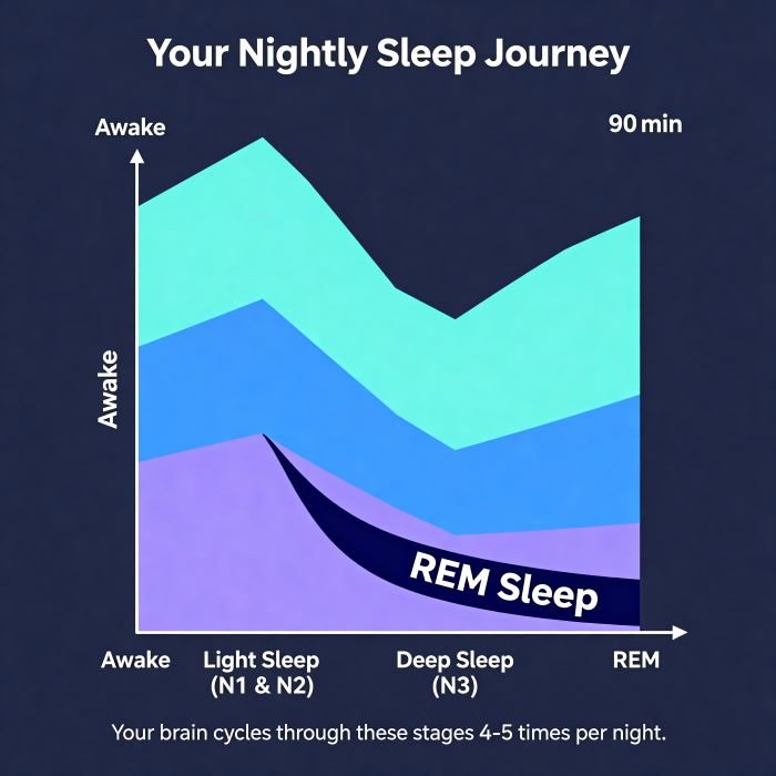a line graph that shows the progression of sleep stages over a 90-minute cycle.