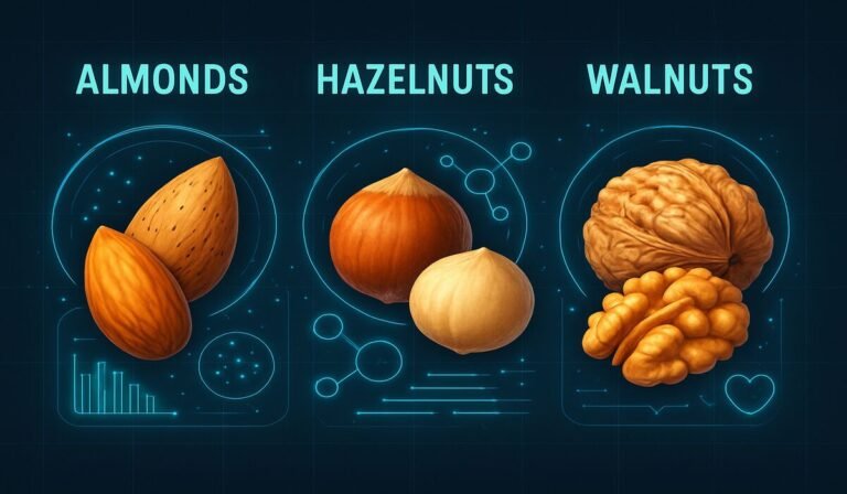 Almonds, hazelnuts, walnuts comparison with scientific infographics