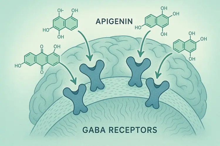 Diagram showing chamomile's GABA receptor mechanism for anxiety relief in the brain