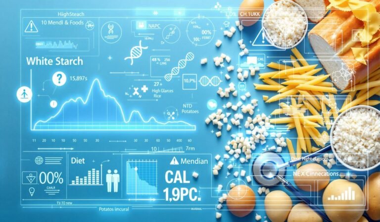 Medical analysis of high-starch foods showing bread, pasta, rice with health monitoring equipment.