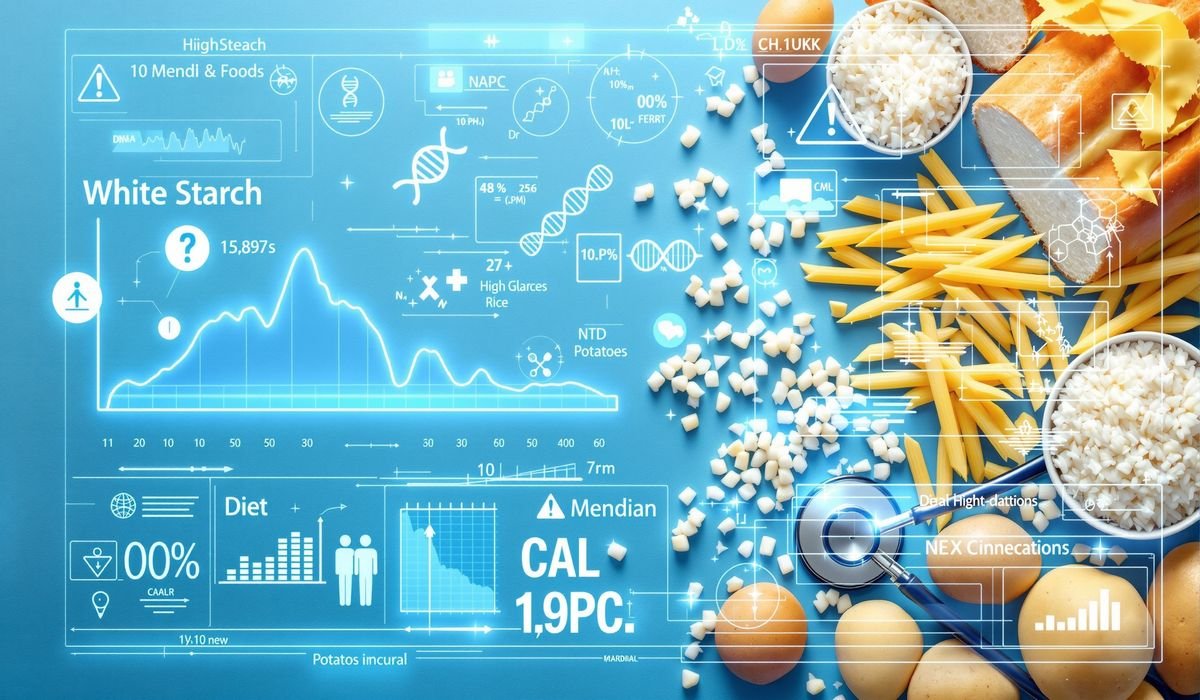 Medical analysis of high-starch foods showing bread, pasta, rice with health monitoring equipment.