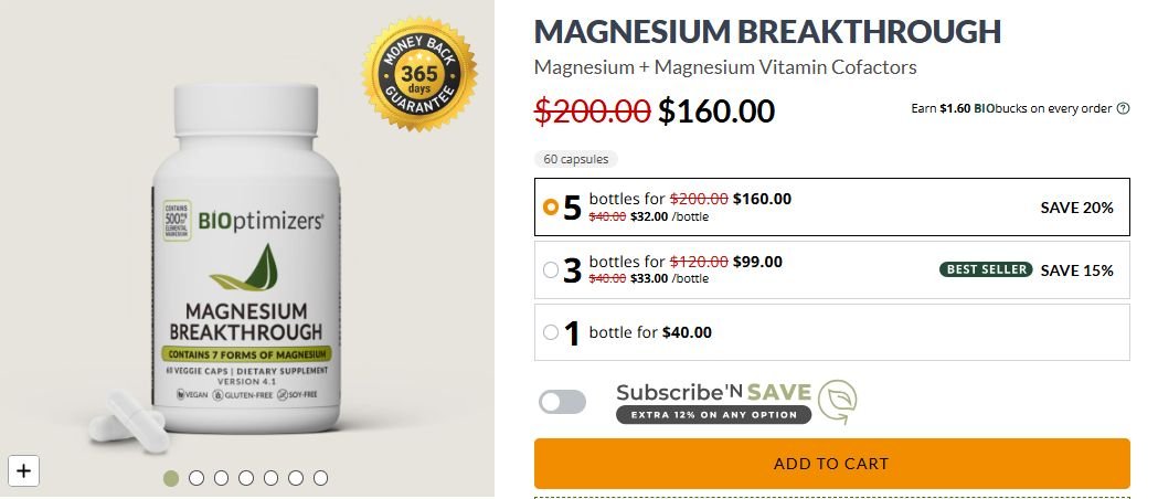 Screenshot of Magnesium Breakthrough sales page on Bioptimizers' store.