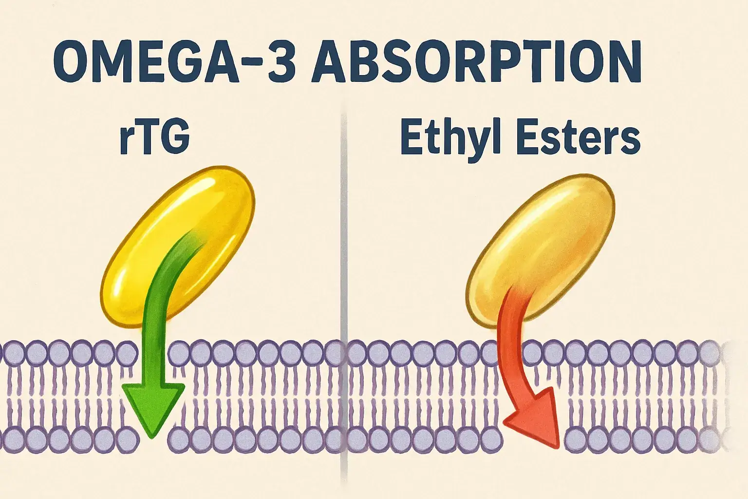 Scientific comparison of rTG vs Ethyl Esters Omega-3 absorption across a cell membrane.
