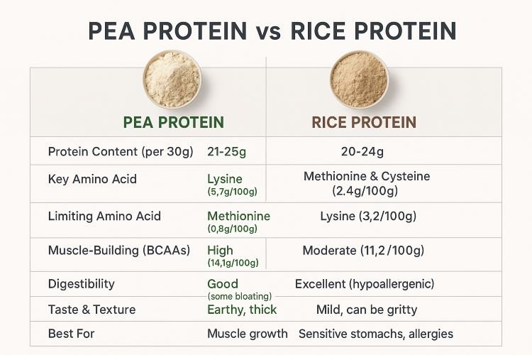 Comprehensive comparison table showing pea protein vs rice protein nutrition facts and benefits