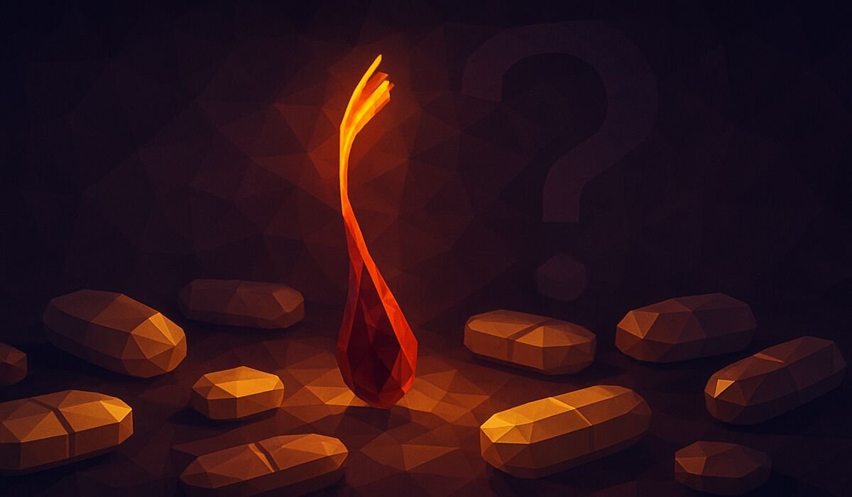 Low-poly image of saffron thread, pills, and a question mark, symbolizing dosage inquiry.