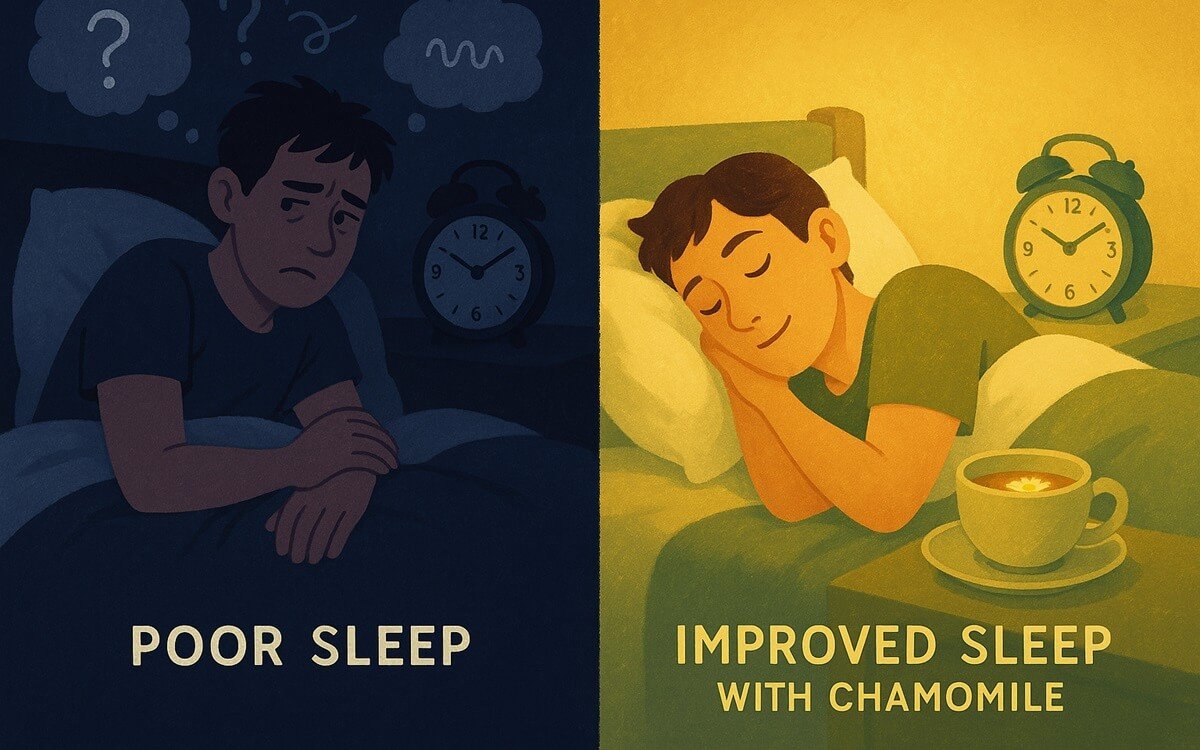 Before and after comparison showing improved sleep quality with chamomile tea
