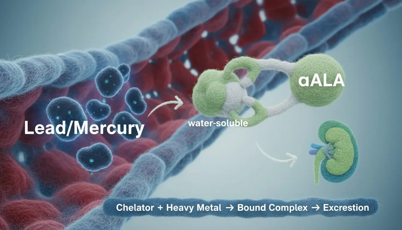 Scientific illustration showing chelating agents binding to heavy metal ions for safe excretion from the body