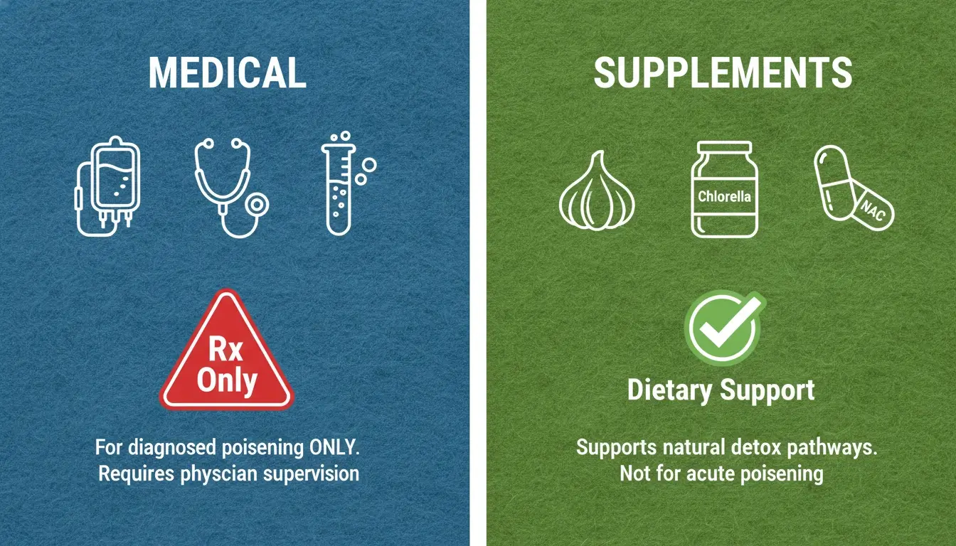 Visual comparison showing prescription chelation therapy requires medical supervision while dietary supplements only support natural detox processes.