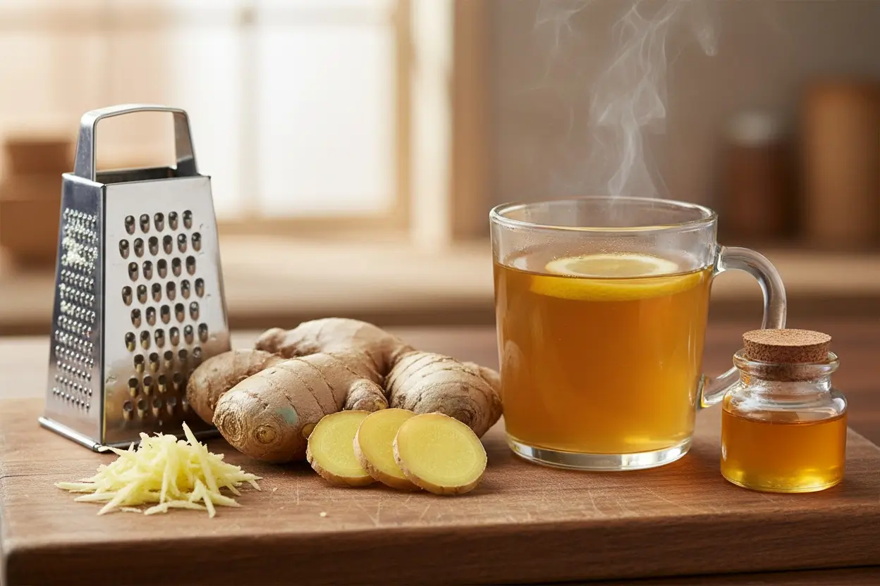 Fresh ginger root and ginger tea for reducing nausea, bloating, and improving digestion