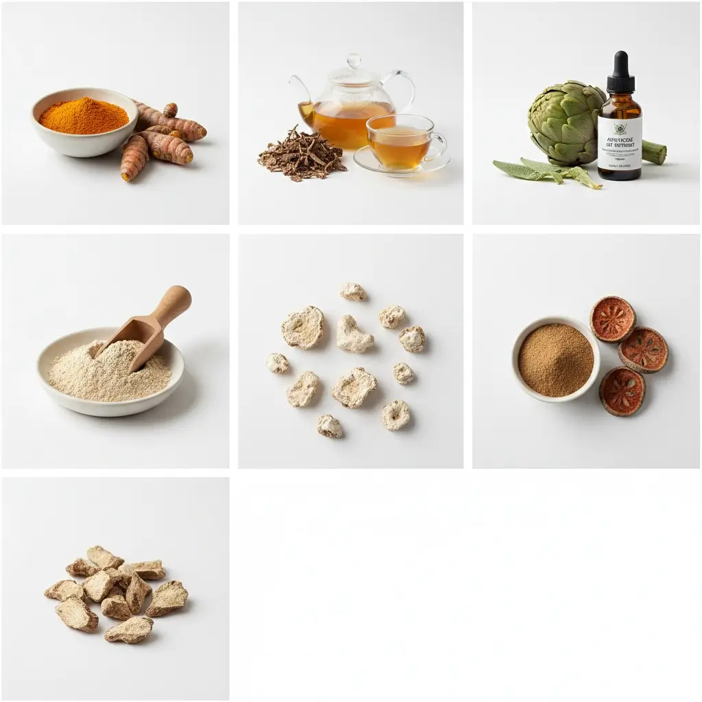 Collection of herbs for digestive health including turmeric, dandelion root, artichoke, slippery elm, and marshmallow root