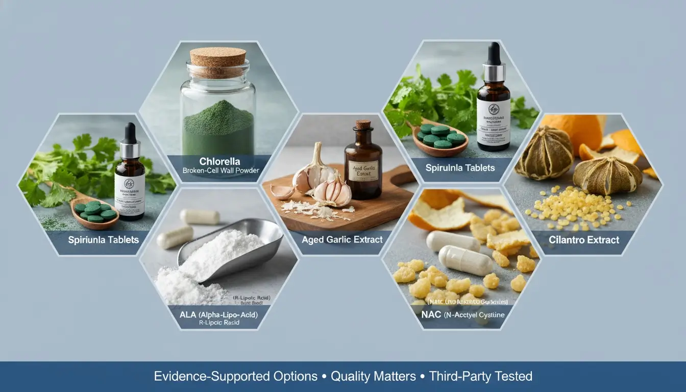 Collage of seven evidence-based chelation supplements: chlorella, spirulina, cilantro, garlic, ALA, NAC, and modified citrus pectin