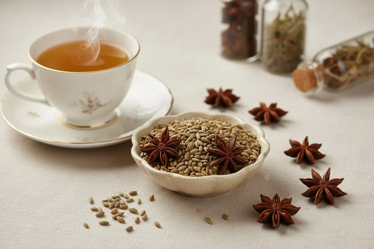 Anise seeds and star anise with tea for gentle, natural bloating and gas relief