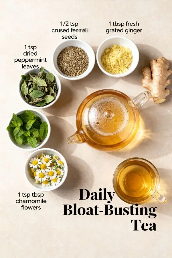 Anti-bloating tea recipe with peppermint, fennel, ginger, and chamomile for digestive relief