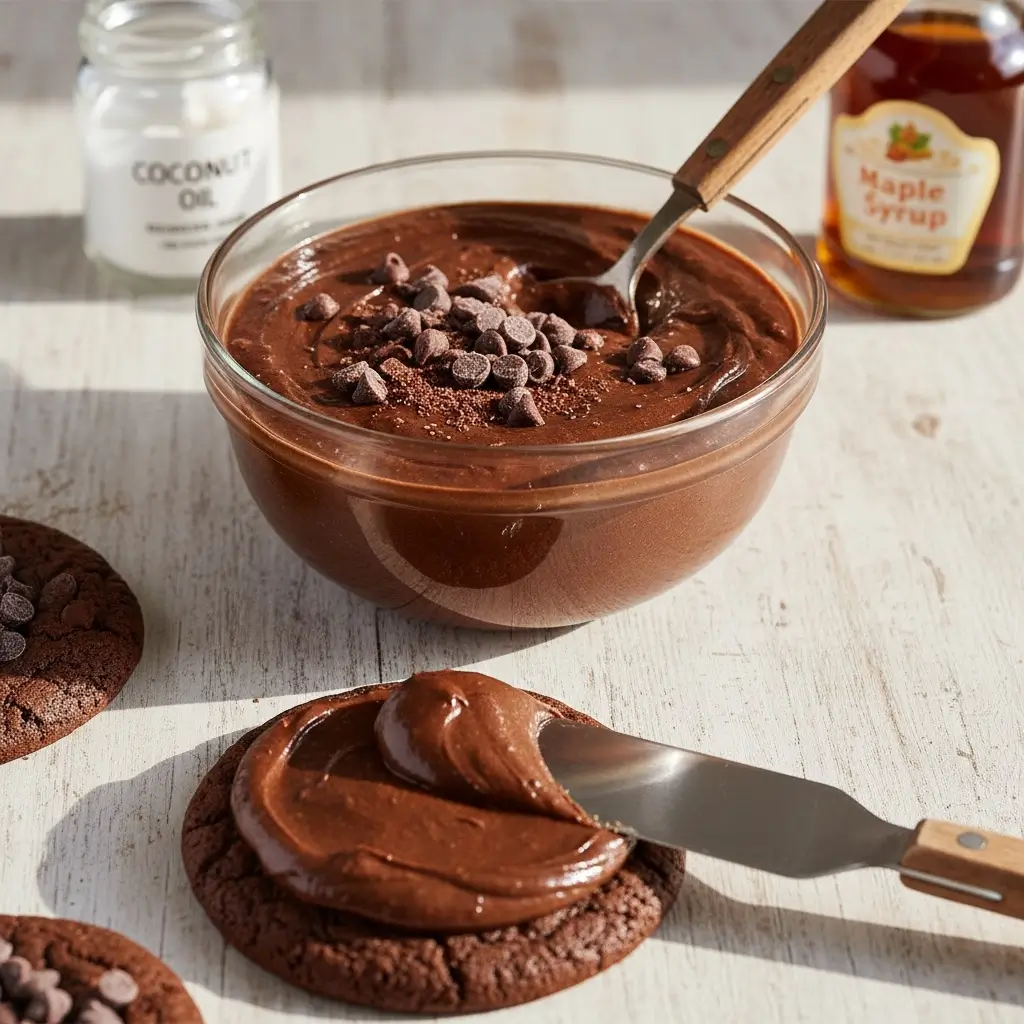 Homemade carob frosting in glass bowl with wooden spoon, thick and glossy texture