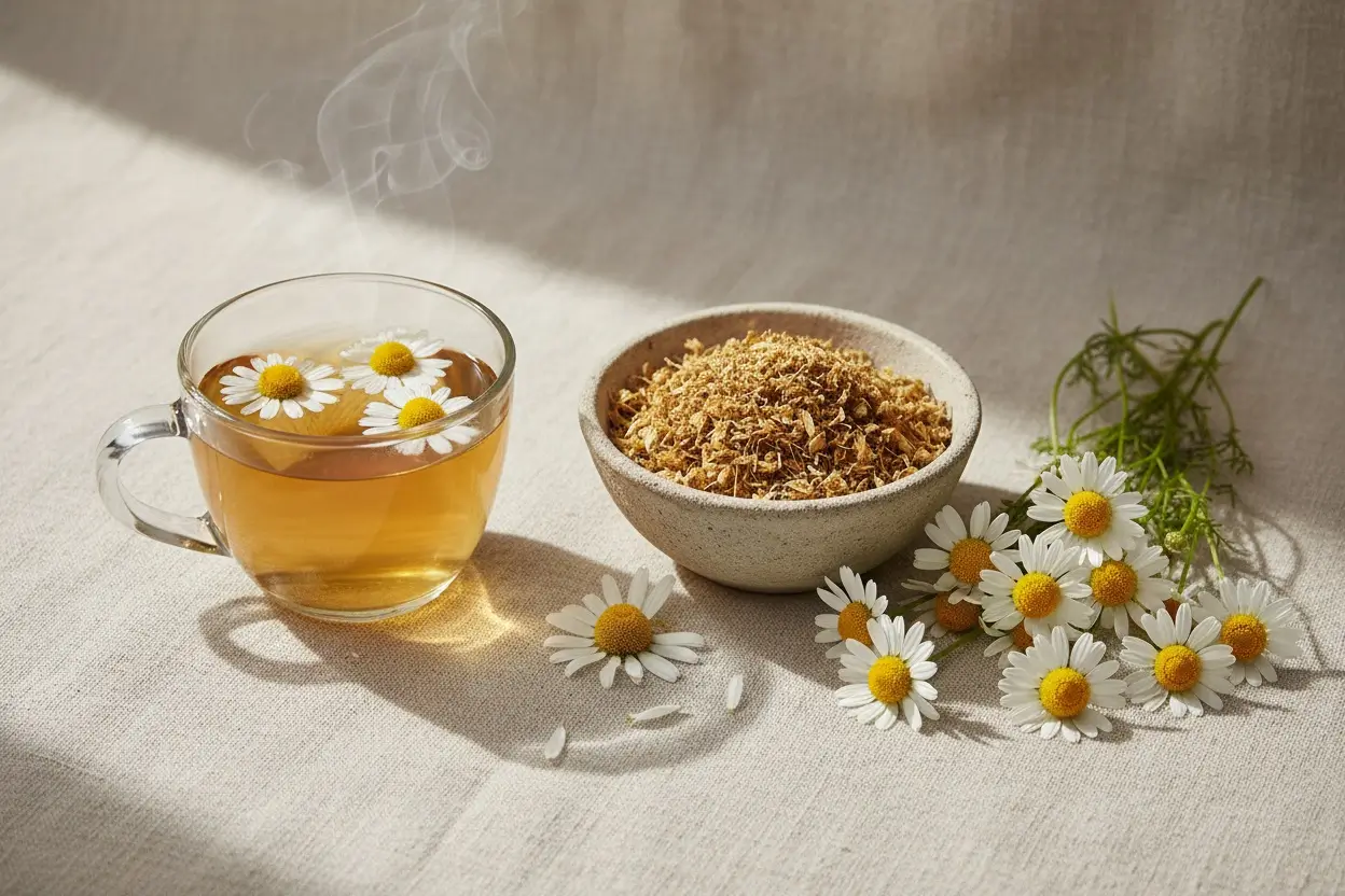 Chamomile flowers and chamomile tea for calming stress-related bloating and digestive discomfort