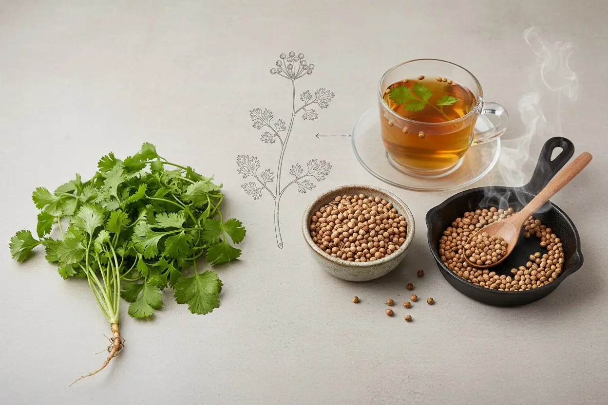 Coriander seeds and fresh cilantro for soothing gas, cramps, and digestive discomfort