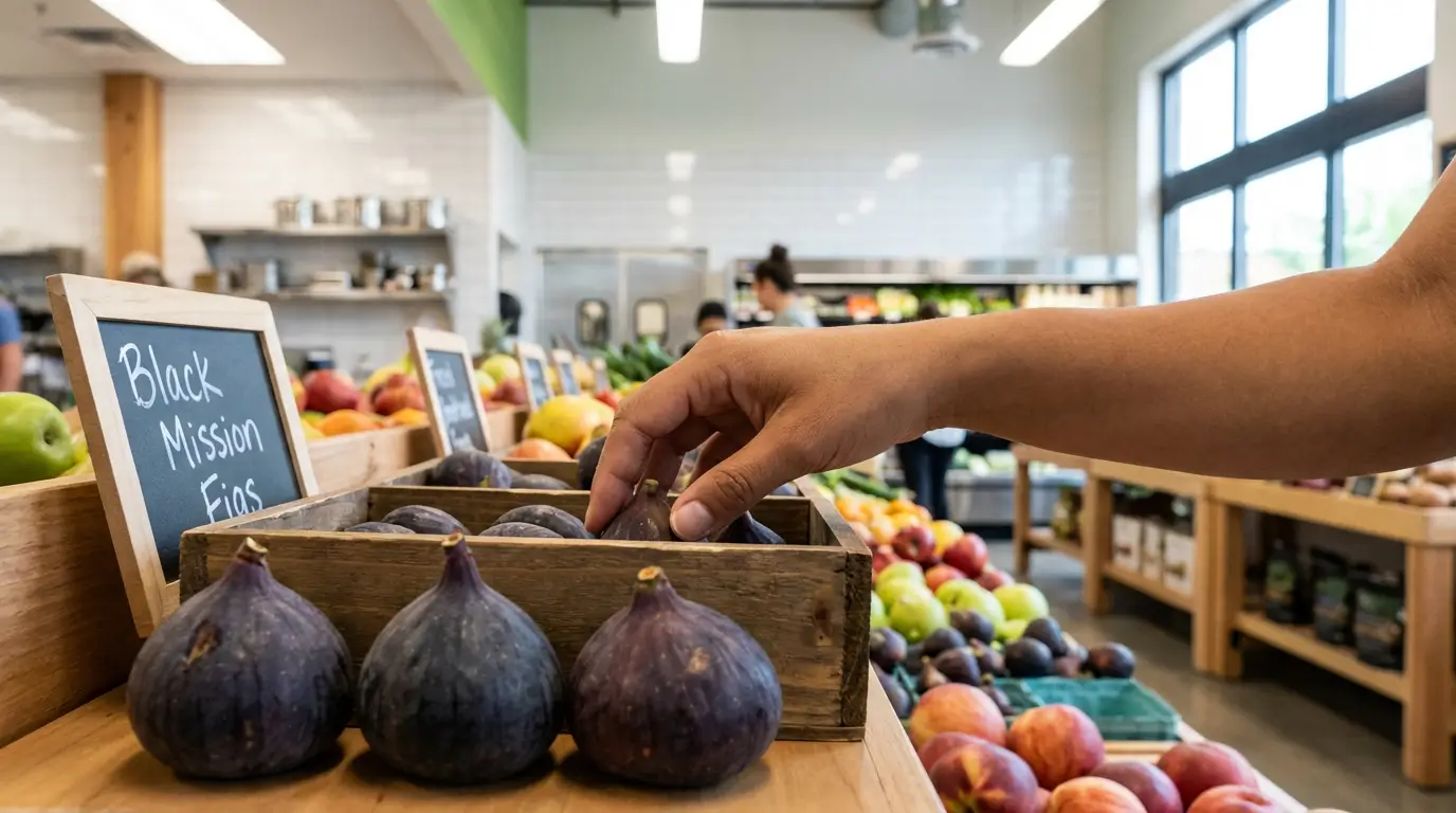 Hand selecting Black Mission figs from grocery store produce section showing easy availability