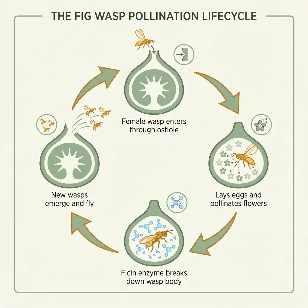 Infographic showing 4-step fig wasp pollination cycle from entry to enzyme breakdown to new generation
