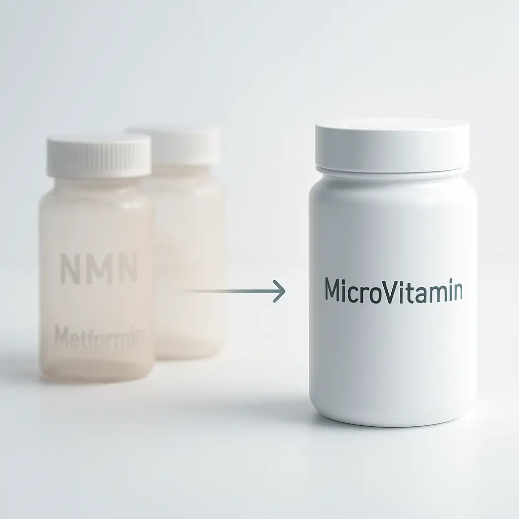 A timeline graphic illustrating Dr. Brad Stanfield discarding fading bottles of NMN and Metformin while keeping a structured container of MicroVitamin.