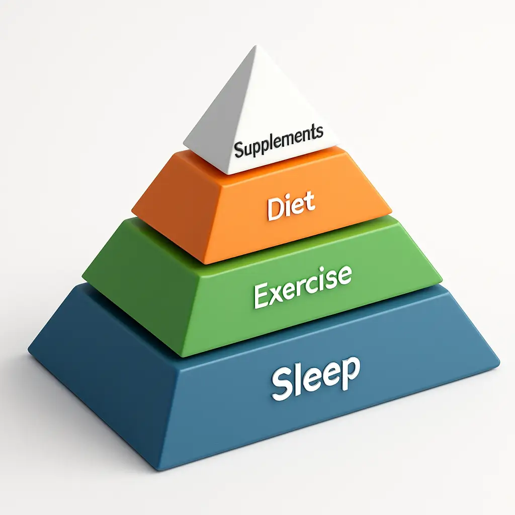 A 3D pyramid illustration representing Dr. Brad Stanfield's health philosophy, showing Sleep as the large foundation, followed by Exercise and Diet, with Supplements as the smallest section at the top.