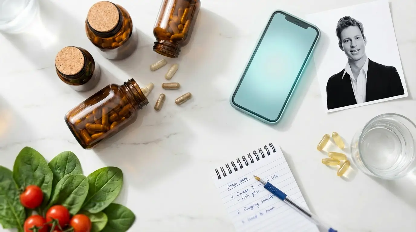 Dr. Brad Stanfield's evidence-based supplement recommendations displayed with smartphone, notes, and healthy foods on marble countertop