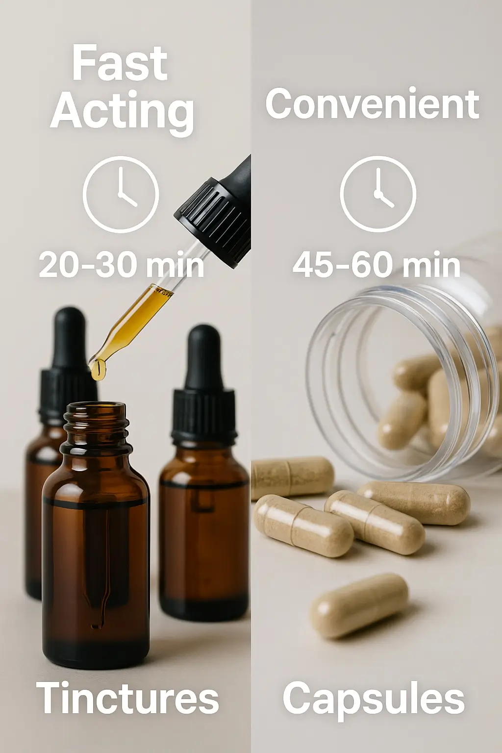 Comparison of herbal tinctures and capsules showing benefits and timing for digestive relief