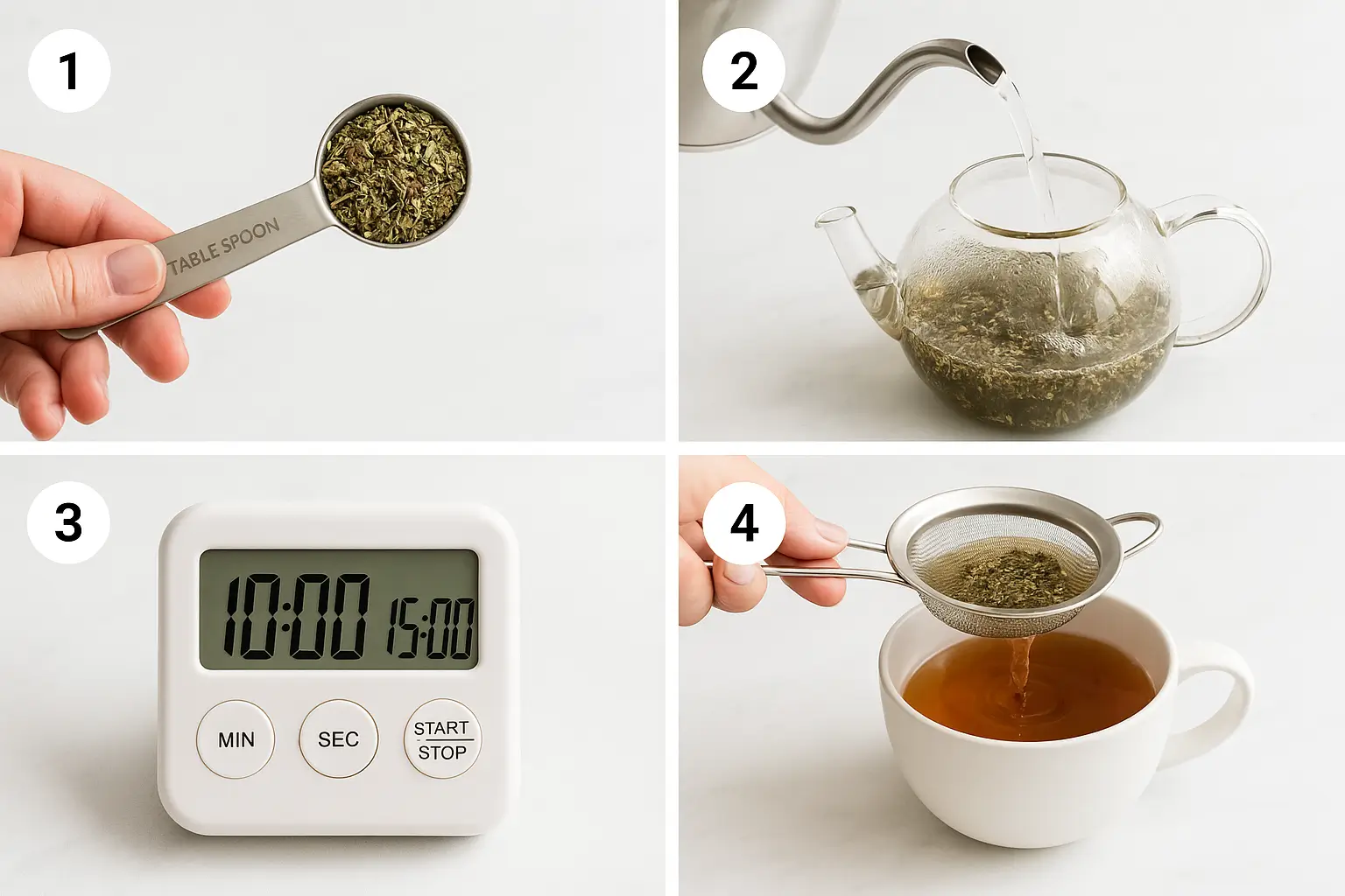 Step-by-step guide showing how to brew herbal tea for bloating relief