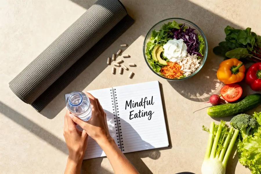 Healthy lifestyle habits including hydration, probiotics, yoga, and mindful eating to prevent bloating