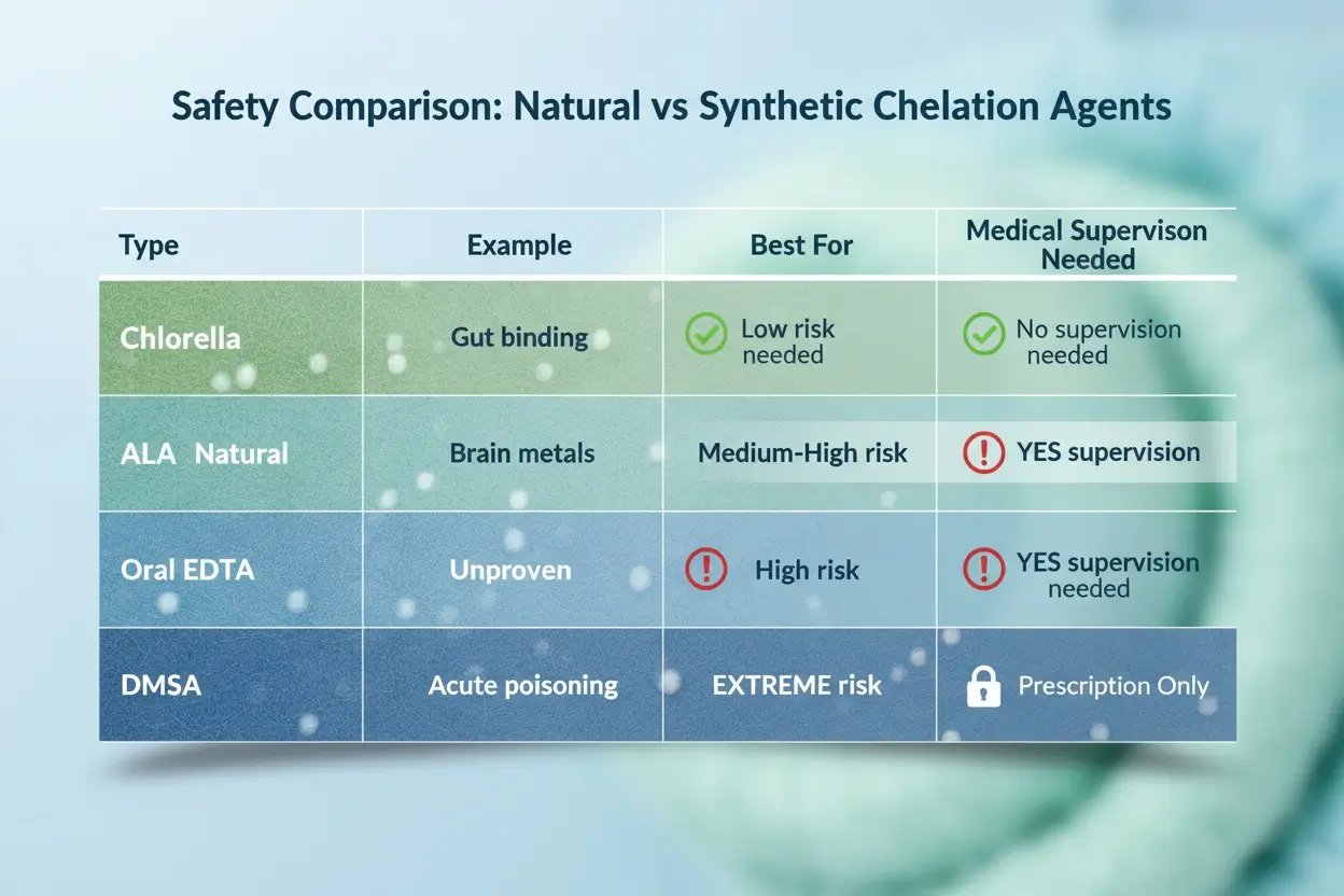 Safety comparison table of natural and synthetic chelators showing risk levels and medical supervision requirements