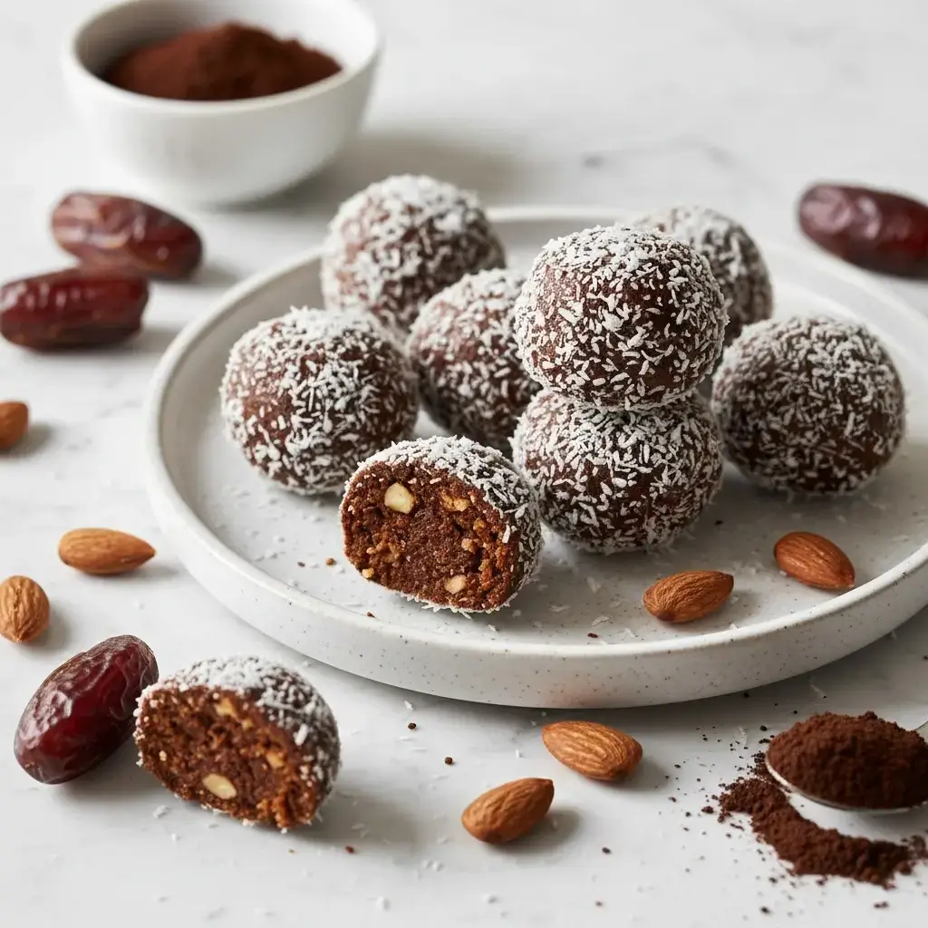 No-bake carob energy bites made with dates, almonds, and carob powder arranged on white plate