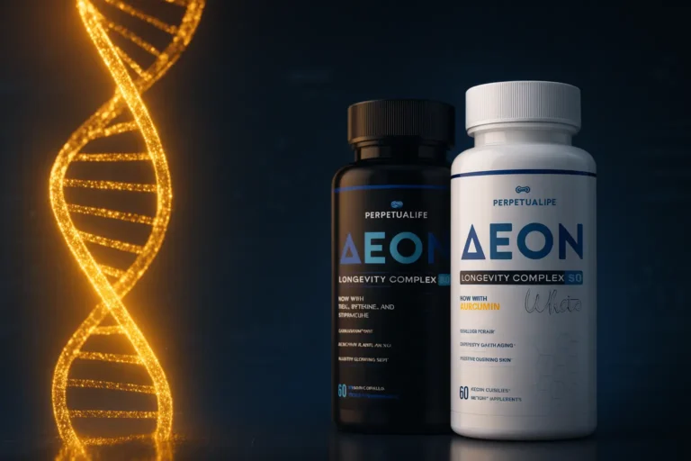 Perpetua Life AEON Black and White longevity supplement bottles with golden DNA helix in biotech laboratory setting, representing NAD+ boosting and cellular health for anti-aging