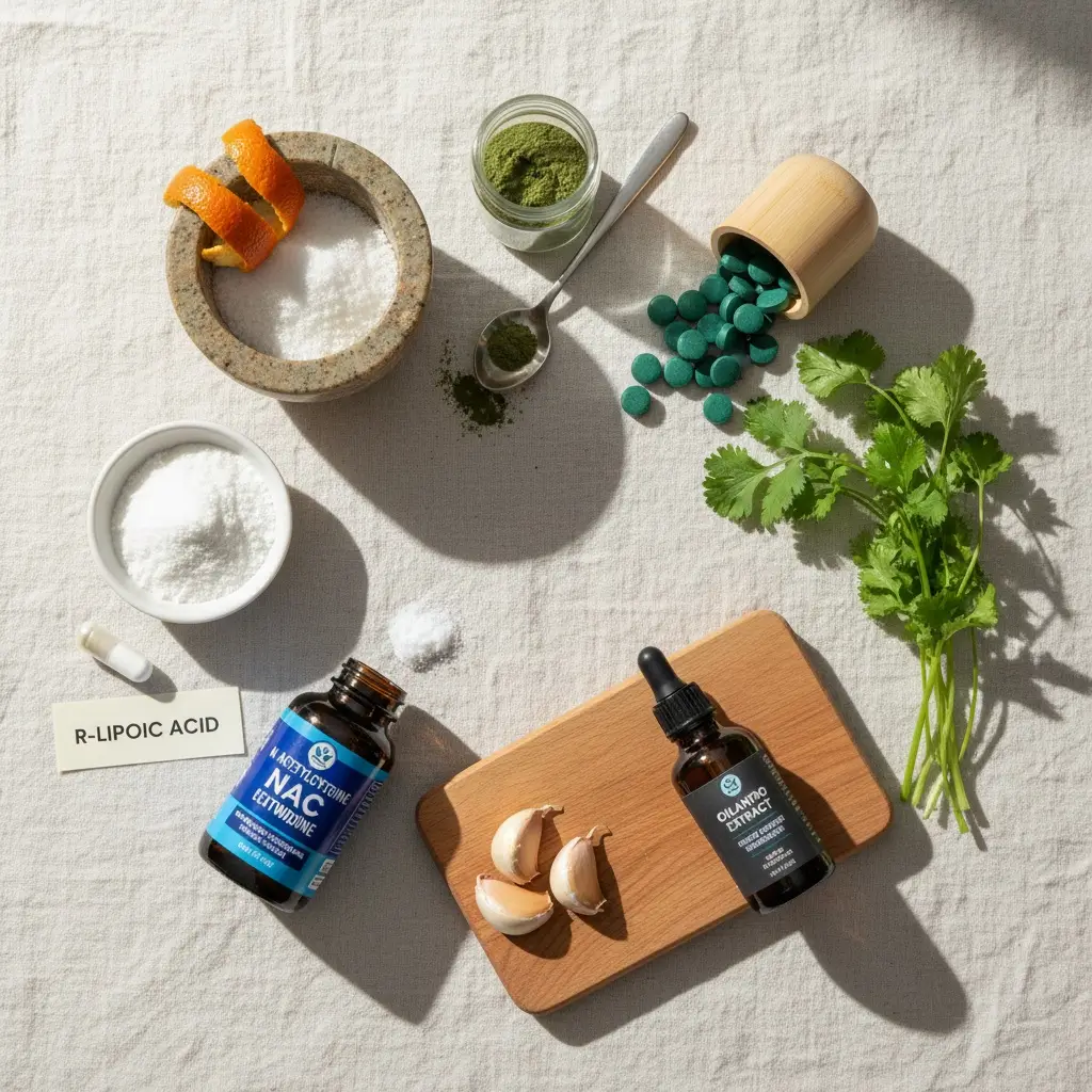 Collage of seven evidence-based chelation supplements: chlorella powder, spirulina tablets, fresh cilantro, garlic cloves, ALA capsules, NAC powder, and modified citrus pectin granules