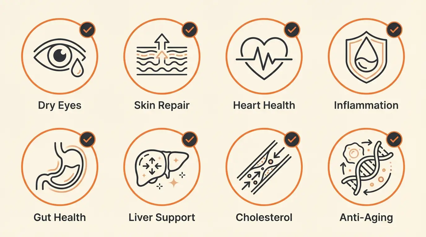 Eight proven health benefits of sea buckthorn: dry eyes, skin repair, heart health, inflammation reduction, gut health, liver support, cholesterol management, and anti-aging
