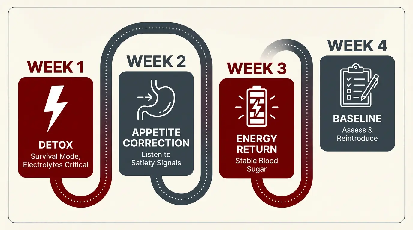 30-day carnivore diet protocol roadmap showing four weekly phases from detox to baseline assessment