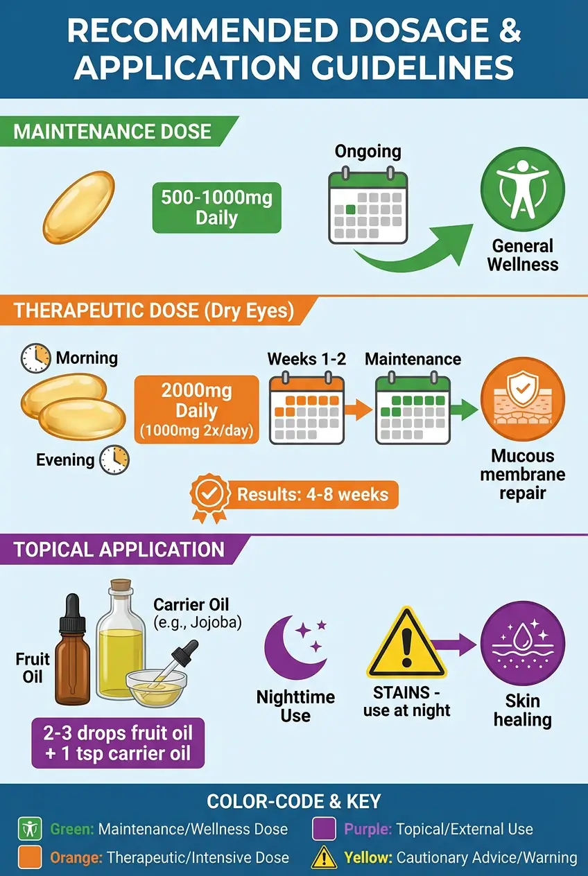 Sea buckthorn dosage guide showing 500-1000mg for maintenance, 2000mg daily for dry eyes, and topical dilution ratio for skin application