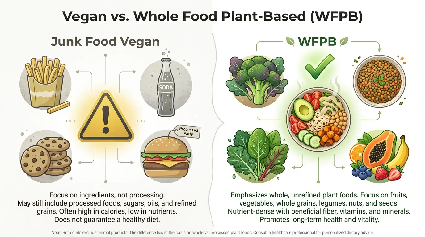 Infographic comparing junk food vegan diet with whole food plant-based WFPB diet showing healthy food choices