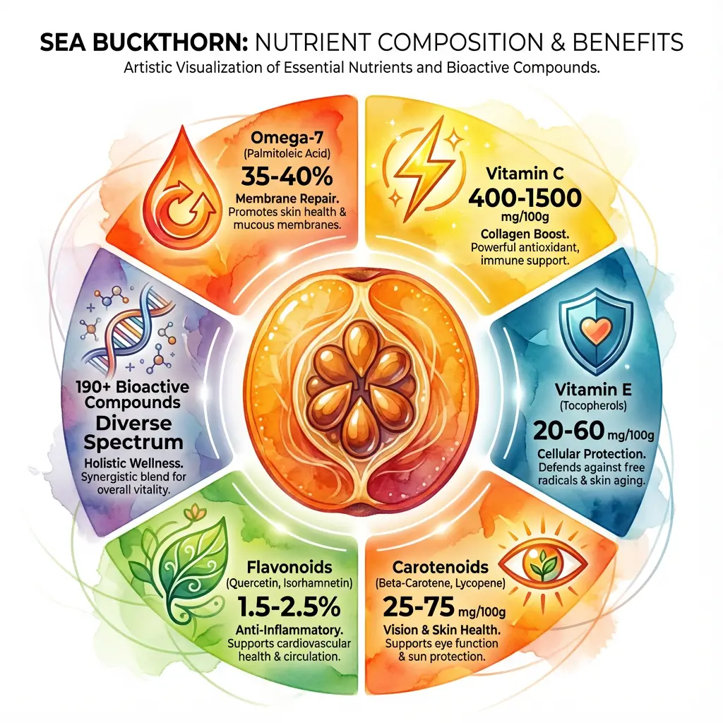 Infographic showing sea buckthorn nutrient composition: 32% Omega-7, 600mg Vitamin C, carotenoids, flavonoids, and 190+ bioactive compounds