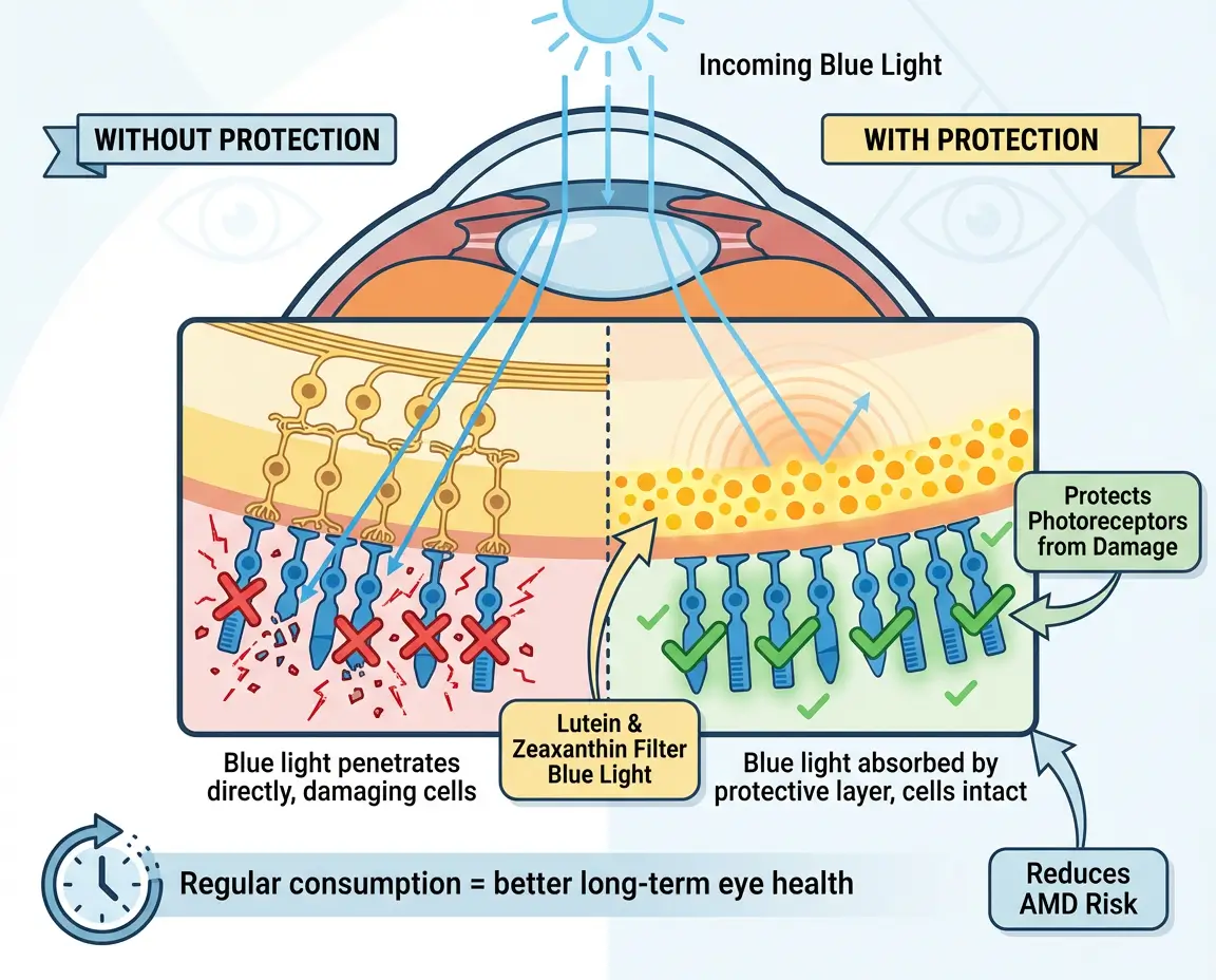 Eye cross-section illustration with magnified retina detail showing photoreceptor cells in blue: left side shows blue light rays penetrating directly with damaged cells (red X marks), right side shows protective yellow/orange lutein and zeaxanthin layer filtering blue light with intact healthy cells (green checkmarks).