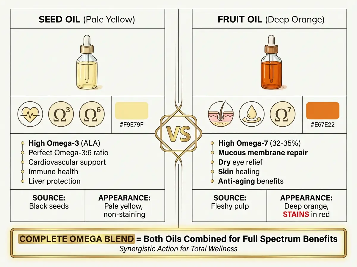 Comparison chart of sea buckthorn seed oil versus fruit oil showing omega-3 in seed oil and omega-7 in fruit oil with different applications
