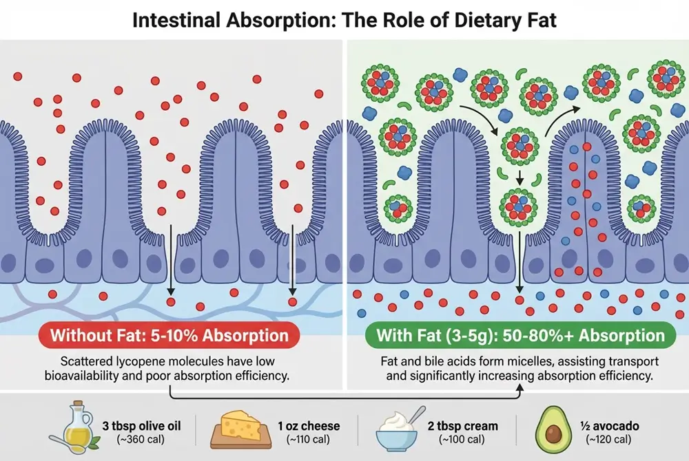 Two-scenario intestinal absorption illustration showing lycopene bioavailability: left side shows scattered red lycopene molecules without fat resulting in 5-10% absorption across intestinal epithelium; right side shows organized red lycopene-blue fat micelle clusters with green bile acids resulting in 50-80%+ absorption, with callout examples of fat sources (olive oil, cheese, cream, avocado).