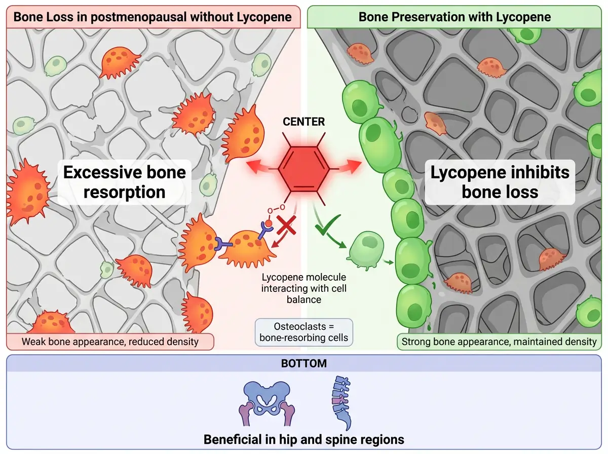 Bone health mechanism illustration showing two scenarios: left side shows sparse gray bone structure with aggressive orange osteoclasts and few green osteoblasts (bone loss); right side shows dense gray bone structure with controlled osteoclasts and abundant green osteoblasts with red lycopene molecules (bone preservation).