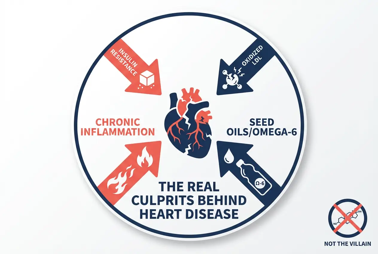 Diagram showing the four real causes of heart disease: insulin resistance, oxidized LDL, chronic inflammation, and seed oils, not cholesterol