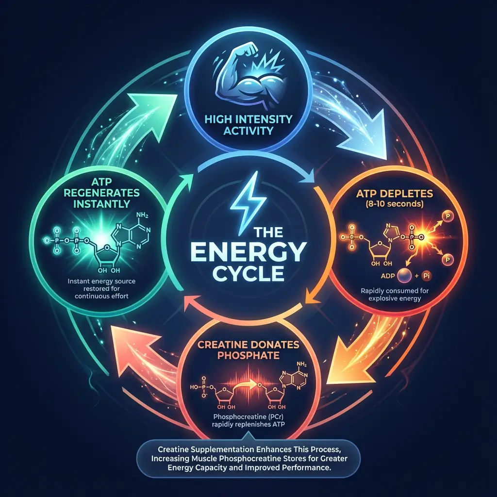 Circular diagram showing ATP and phosphocreatine energy cycle with four stages: high intensity activity, ATP depletion, creatine phosphate donation, and ATP regeneration