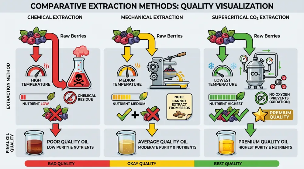 Comparison of sea buckthorn extraction methods showing supercritical CO2 extraction preserves nutrients better than hexane solvent or cold pressing