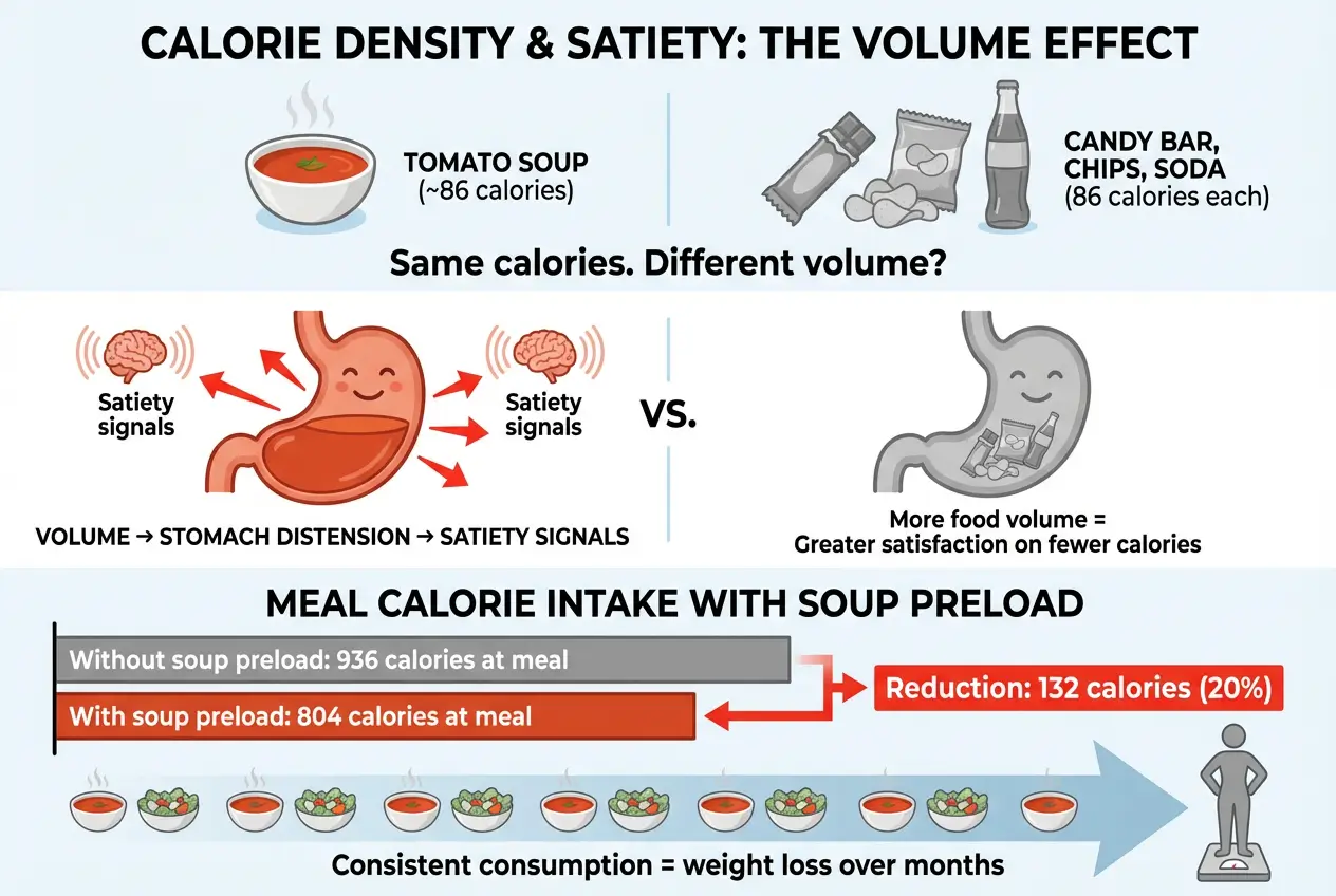 Three-part volumetric eating illustration: top shows one cup of tomato soup (86 calories) compared to candy bar/chips/soda with same calories but less volume; middle shows stomach filled with soup (distended, satisfied) versus same-calorie food; bottom shows bar chart comparing meal intake without soup (936 calories) versus with soup preload (804 calories) showing 20% reduction.
