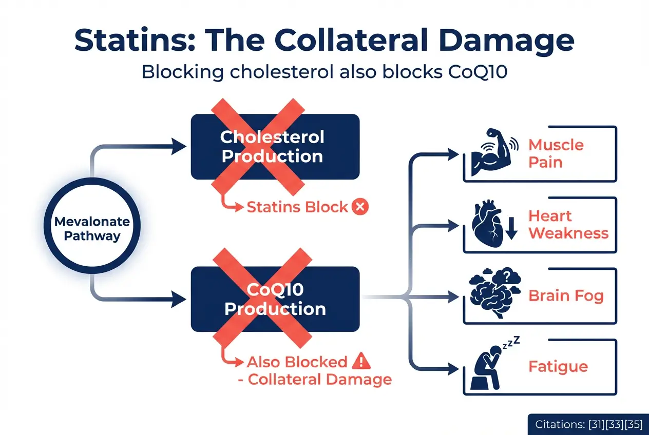 Diagram showing how statins block the mevalonate pathway, depleting both cholesterol and CoQ10, causing muscle pain, fatigue, and cognitive decline