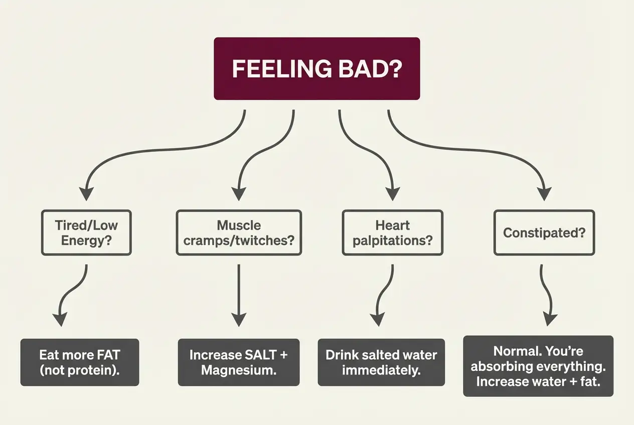 Carnivore diet troubleshooting flowchart for common symptoms like fatigue, cramps, and heart palpitations