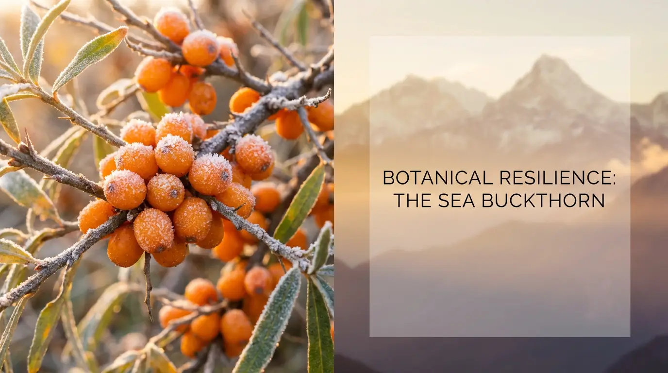 Bright orange sea buckthorn berries (Hippophae rhamnoides) on branches with Himalayan mountains in background